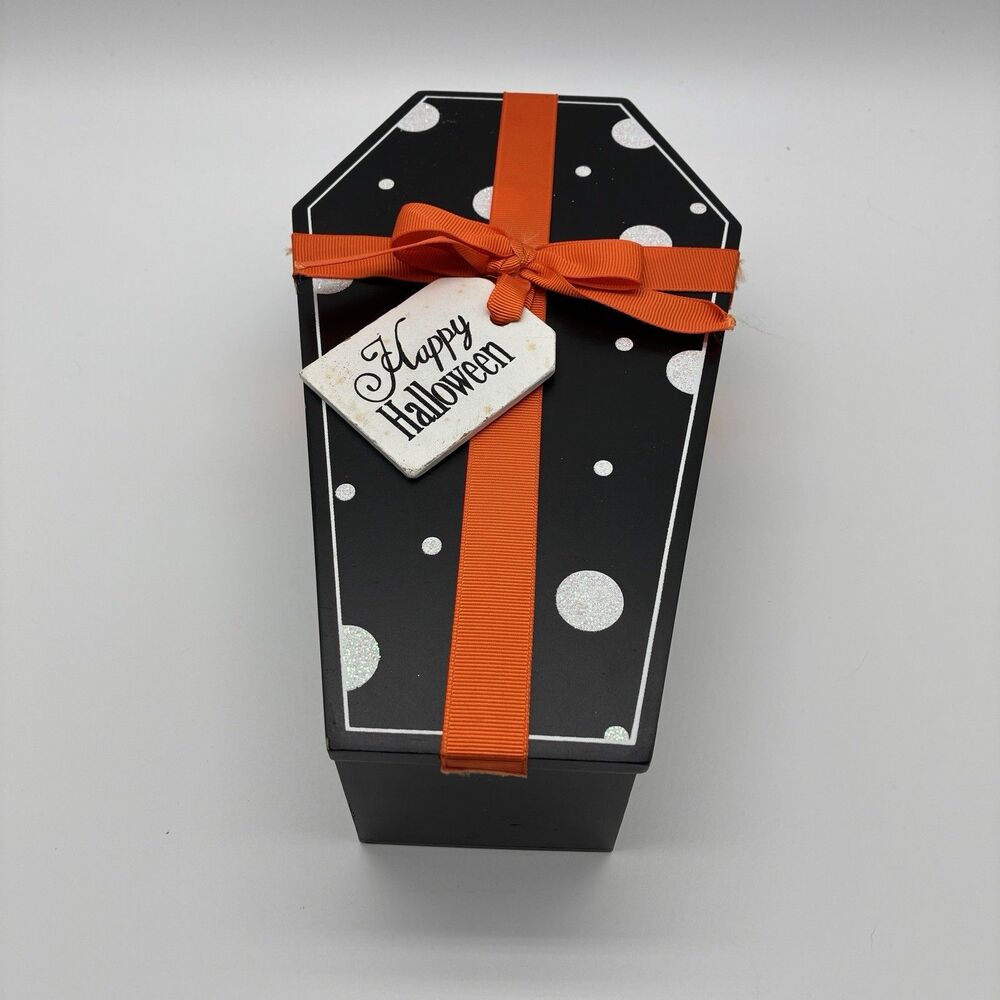 Halloween Black Coffin W/White Dots And Orange Bow. Happy Halloween Sign 9.5”x5”